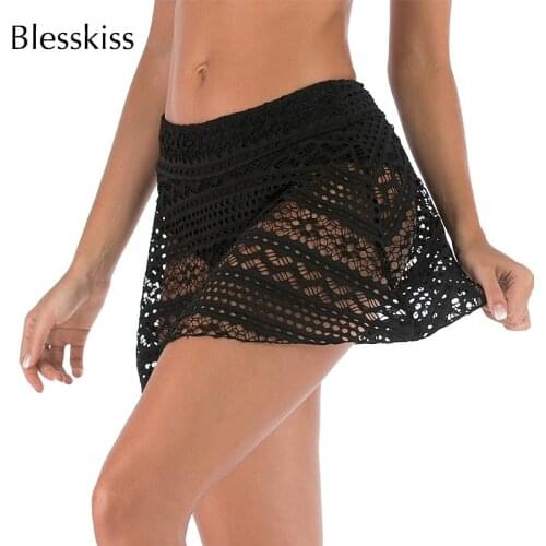 Blesskiss Black High Waist Bikini Bottoms Women Mesh Sheer Lace Swim Dress Skirt Swimwear Swimsuit Panties Beach Wear Plus Size