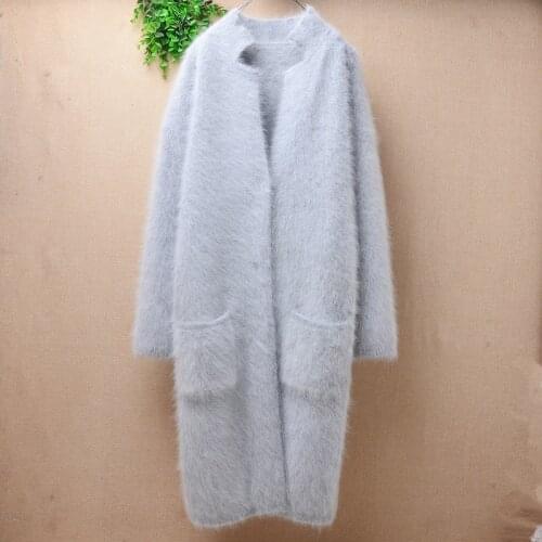 Ladies women fashion grey mink cashmere knitwear long sleeves suit collar long sleeves slim cardigans long sweater jacket coat