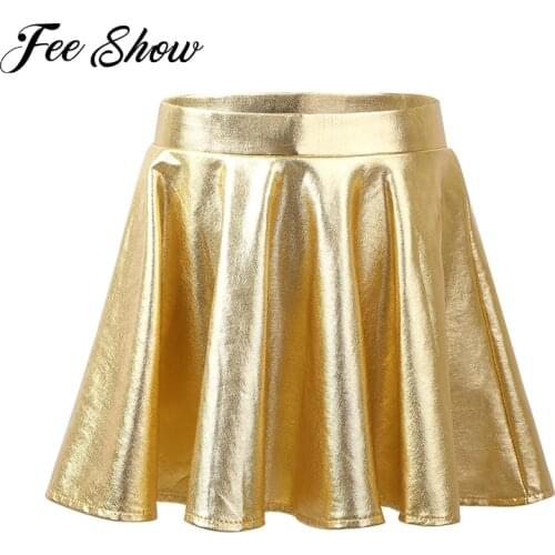 Kids Girls Skirt Glossy Metallic Flared Pleated A-Line Mini Skirt Skater Skort Dance Athletic Shiny Scooter Skirt High Waist