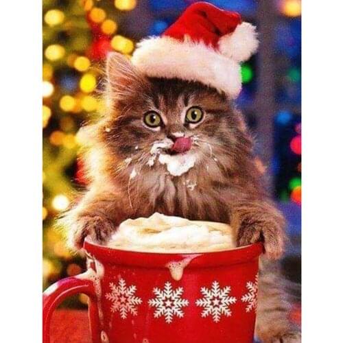 HOMHOL Diamond Painting Christmas Cat 5D Full Square Rhinestones Picture Diamond Mosaic Animal Embroidery Home Decor Gift