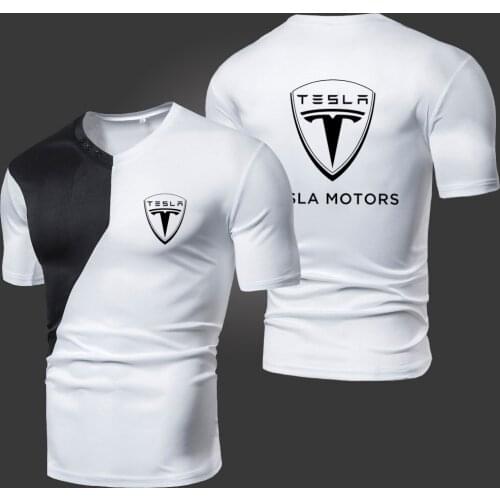 Summer New Tesla Mens T-Shirts Solid Color Splicing Casual Breathable Sports Slim Fitting Short Sleeve V-Neck Spotswear