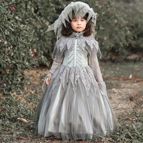 Ghost Bride Dresses Halloween Cosplay Costume Kid Wedding Dresses Skeleton Lace Mesh Flore Length Dress Headwear 2pcs Set