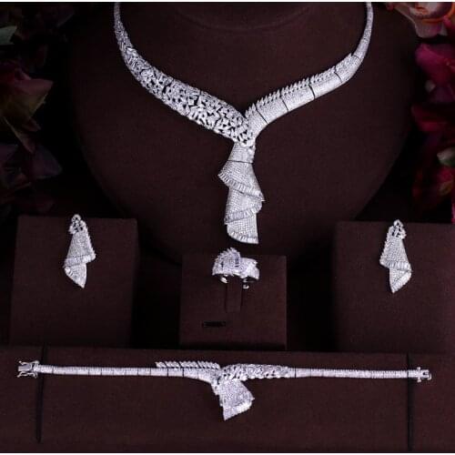 Janekelly Luxury cubic zirconia necklace bracelet earrings and ring 4pcs dubai full jewelry set for women,bridal dress dinner