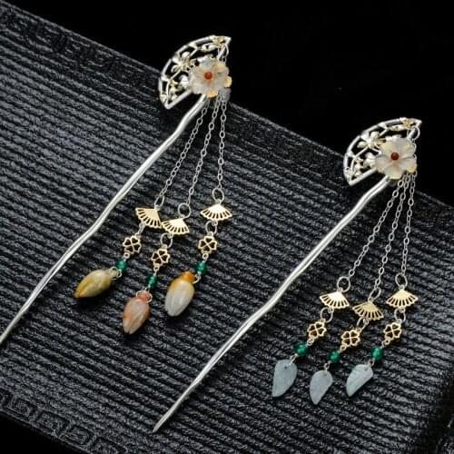 Chinese Fan 925 Sterling Silver Hair Stick Tassels Jade Agate Pearl Crasty Hanfu Accessories For Women Step Shake Fine Jewelry