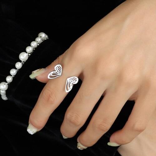 Gold Color 316L Stainless Steel Hollow Butterfly Rings For Women Finger Jewelry, Simple Woman Opening Insect Ring Accessories