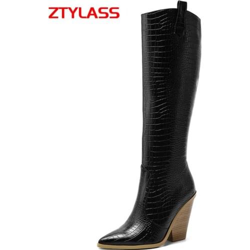 Western Cowboy Knee High Boots Faux Leather Women Boots Fashion Wedges High Heels Long Boots Autumn Winter Zipper Shoes
