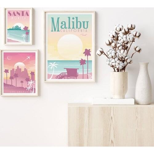 Colorful retro wall art set of 3 travel prints, pink and purple beach prints, Santa Monica Pier poster, California wall art deco