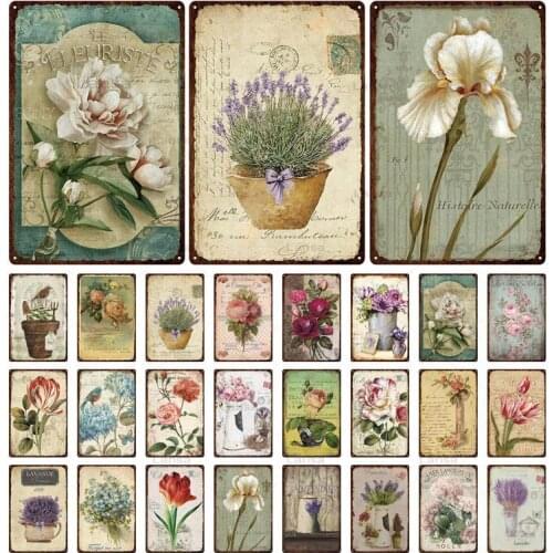 Lavender Rose Metal Painting Wall Art Vintage Plate Flower and Plant Potted Tin Poster for House Garden Flower Shop Decoration
