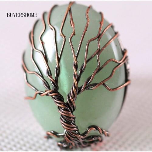 Copper Wrap Tree of Life Handmade Jewelry For Women Gift Natural Stone Bead Green Aventurine Ring Adjustable 1Pcs Z003