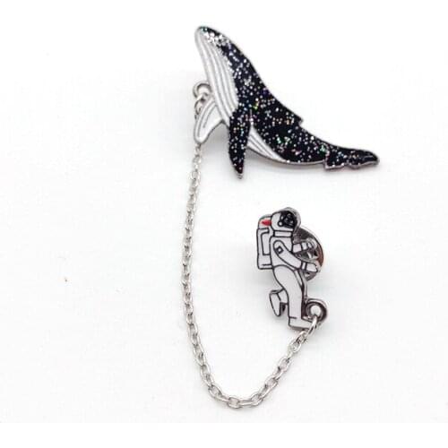 Fashion Cartoon Brooch Fish Chain Badges Astronaut Dolphin Shark Whale Enamel Pins Denim Bag Marine Animal Jewelry Women