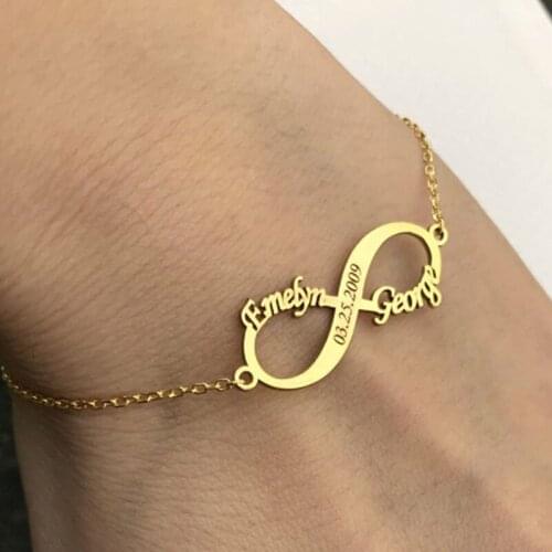 Fashion Personalized Double Name Infinity Bracelet For Womens Stainless Steel Bohemian Chain Jewelry Anniversary Date Best Gift