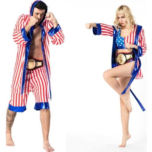 Mens Women American Flag Boxer Costume Rocky Balboa Boxing Robe Fancy Dress Halloween Party Cosplay Uniform