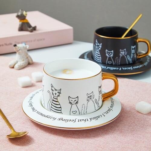 European Style Ceramic Cup and Saucer Set with Gold Trim Hand Print Cat Pattern Coffee Cups Golden Spoon White Black Tea Cup Set