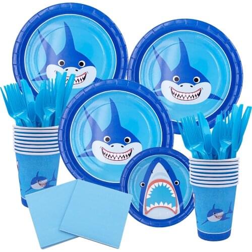 Cartoon shark theme tableware set happy birthday paper plate straw cup baby shower wedding birthday decoration party supplies