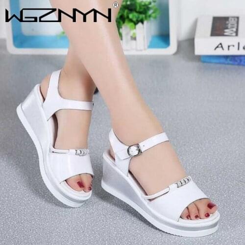 Real Leather Wedge Sandals Women 2021 Summer Shoes Women Waterproof Platform Thick Bottom Buckle Non-slip High Heel Ladies Shoes