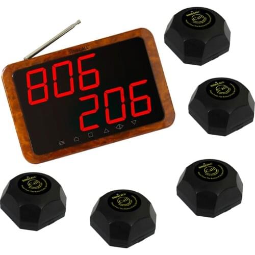 SINGCALL for a Restaurant, Wireless Call Bell System 5pcs Table Buzzers and 1pc APE1200 Displayer