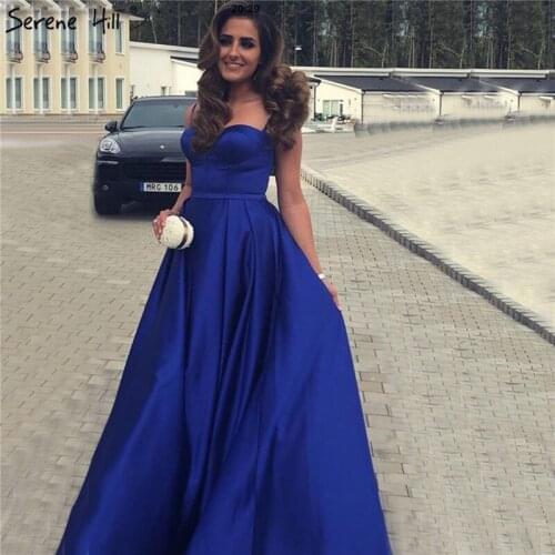 Blue Sweetheart Sexy A-Line Simple Evning Dresses 2020 Sleeveless Satin Long Evening Gowns Serene Hill LA70039