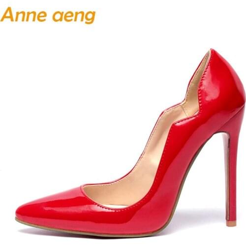 Women pumps 12cm high heels pointed toe patent leather shoes classic elegant office ladies women shoes red pumps big size 34-46
