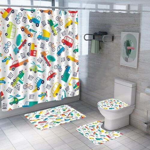 3D Colorful Cute Cartoon Child Shower Curtain Set Waterproof Polyester Bath Curtain Anti-slip Rugs Toilet Lid Cover Bath Mat Set