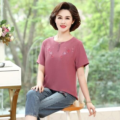 Middle Age Mother Summer Short Sleeve Tops Embroidery Pullovers T-Shirts Plus Size 5XL 4XL Women Summer Clothing