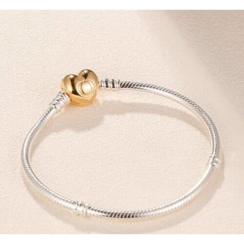 Authentic 925 Sterling Silver Charm Bead Bracelet Smooth Gold Clasp Snake Chain Pan Bracelets Women DIY Jewelry