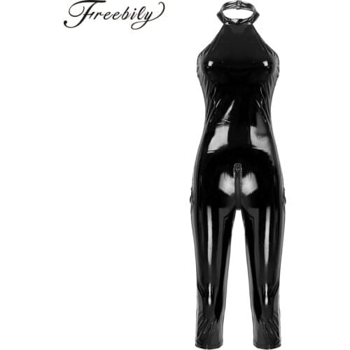 Womens Catsuit Wetlook Leather Halter Sleeveless Low Back Calf Length Leotard Romper Jumpsuit Female Sexy Club Wear Costume