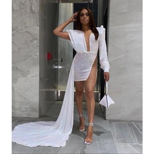 2021 White Short Prom Dresses Sparkly Sequin African Black Girl Party Prom Dress With Watteau Train Robe De Soiree Cheap