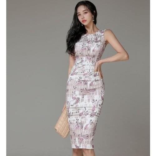 New 2021 Summer Vintage Print Dresses Womens Bodycon Pencil Sheath Dress Elegant Simple Work Wear Vestidos