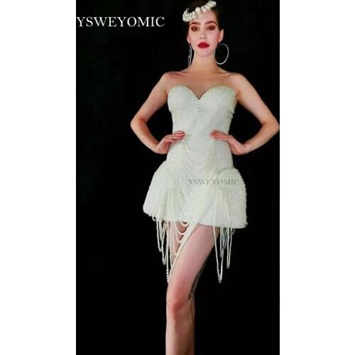 Ladies White Pearls Dress Dance Performance Outfit Evening Stage Show Costume Prom Birthday Bar Women Singer Clothes