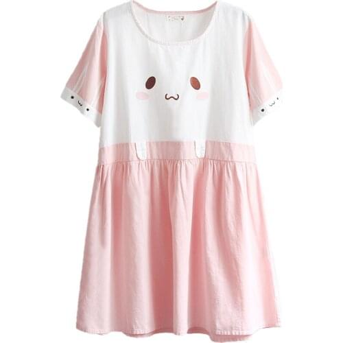Cartoon Cat Print High Waist Pink Sweet Dress Women 2021 Summer Short Sleeve O-neck Cotton Korean Female Cute Dresses Girl Teens
