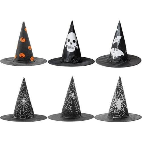 36 pcs Adult Kids Witch Hat Pumpkin Spider Bat Web Skull Printed Wizard Hat Halloween Costume Accessory Cap Party Decoration