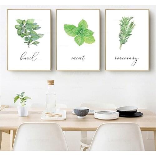 Watercolor Herbs Basil Mint Posters and Prints Kitchen Decor , Green Plant Rosemary Pictures Botanical Wall Art Canvas Painting