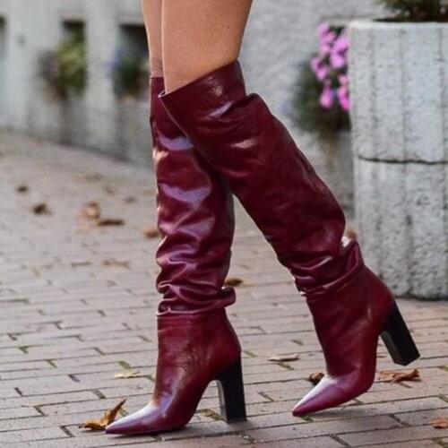 Wine Red Slouch Knee High Boots Chunky High Heels Pointed Toe Pleated Leather Winter Shoes Clear Designer Custom Made Zip Up