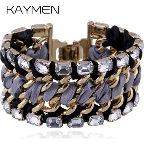 Cup Chain and 8 Shape Woven by Ribbon Statement Bohemia Bracelet Bangle for Women, Golden Plated Fashion Girl Bracelet