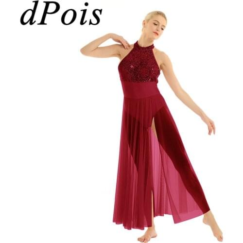 DPOIS Women Adults Halter Neck Shiny Sequins Mesh Ballet Dance Lyrical Stage Performance Dance Wear with Built-in Leotard Dress