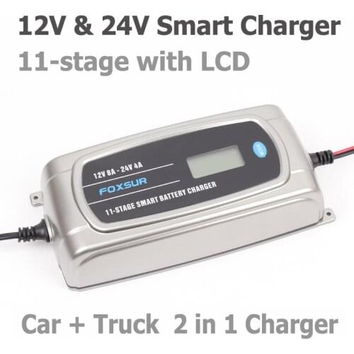 FOXSUR 12V 24V Waterproof Truck Car Battery Charger, EFB GEL WET AGM Battery Charger with LCD Display, Battery Type Selectable
