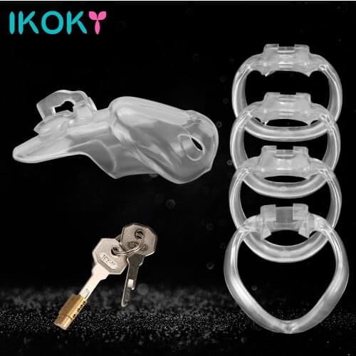 IKOKY Male Chastity Device Sex Products Lock Cock Cage HT-V4 Set Resin With 4 Penis Rings Sex Toys