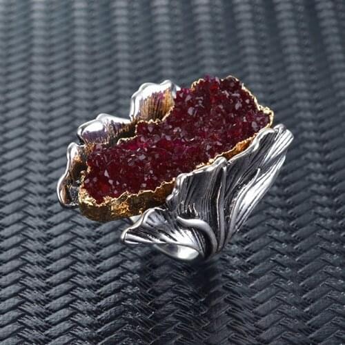 Ring Stone Crystal Hand-Polished Holiday Party Accessories Creative Fashion Trend Ginkgo Retro Natural Two Color Hollow Mosaic