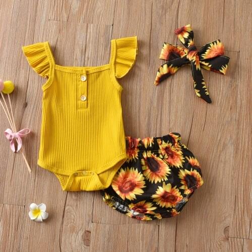 3 pcs Newest Summer Toddler Infant Baby Girl Clothes Cotton Casual Outfits Set Bodysuit sunflower Print Shorts Cute Baby Clothes