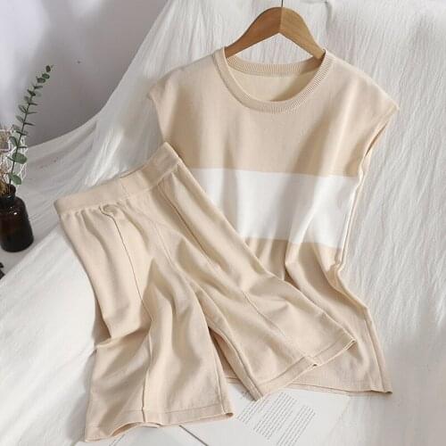 Summer Contrast Stripe Knitted Tracksuit Women Korean O-neck Sleeveless Pullover Vest Top+High Waist Shorts Two-piece Set Female