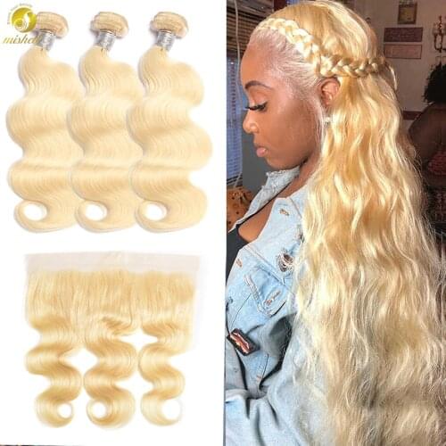 Mishell 30 32 34 40 Inche 613 Body Wave Blonde Peruvian Hair Extension Bundles With Frontal Human Hair Bundles With Closure