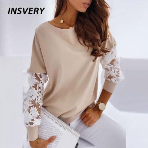 Fashion Sweatshirt Women O Neck Long Sleeve Pullover Spring Autumn Lace Patchwork Blouse Shirts For Women Loose Tops