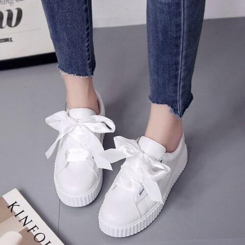 2021 New Womens Shoes Fashion All-Match Student Bow White Shoes Trifle Thick Bottom Breathable Lace-Up Sneakers