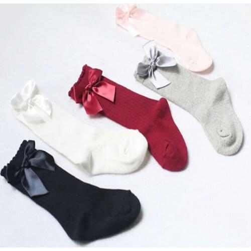 New Toddler Baby Girls Knee High Stockings Cotton Bow Knee Tight Ribbon Solid 0-4Y Casual Warm