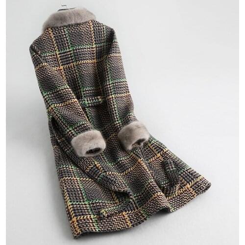 Coat Long Lamb Real Tweed Plaid Wool Jacket Mink Fur Collar Korean Women Winter Coats 2020 KQN62892