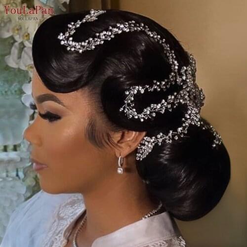 TOPQUEEN HP394 Handmade Hair Vine for Bridal Silver Rhinestone Headband Women Long Headwear Wedding Party Hair Accessories