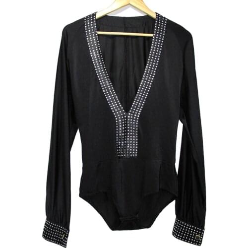 Black Men boy ballroom Latin body body shirt V neck long sleeve rhinestone