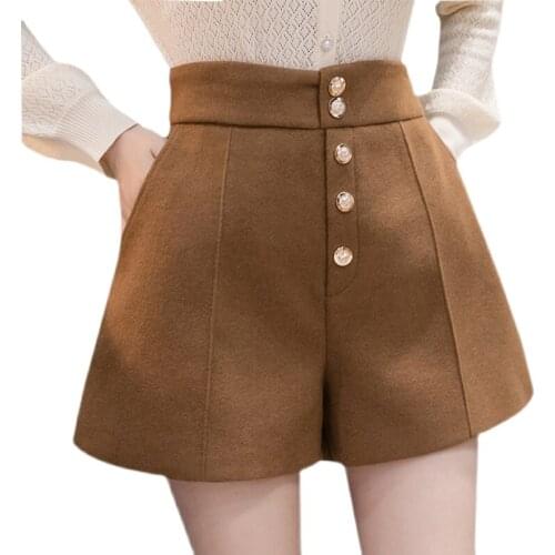 Fashion Front Buttons Women Shorts High Waist Wide Leg Korean Woolen Shorts for Women Autumn Winter Outwear Short Pants Female