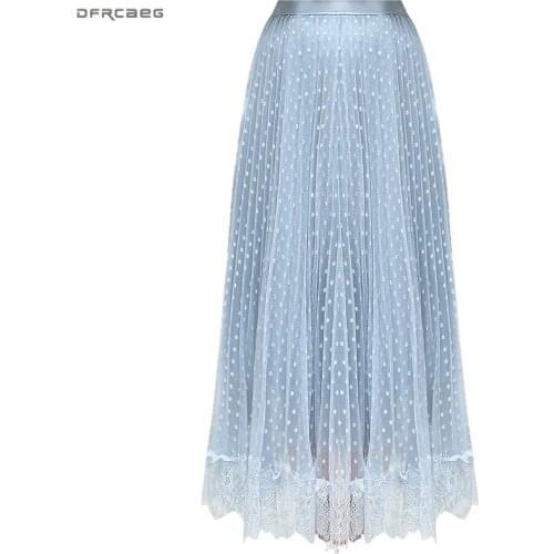Fashion Lace Patchwork Women Tulle Skirt 2019 Summer Korean High Waist Polka Dot Mesh Skirt Long Casual Ladies Saias Faldas