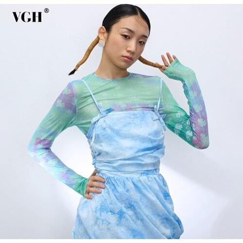 VGH Print Vintage Shirt For Women O Neck Long Sleeve Hit Color Casual Designer T Shirts Female 2020 Spring Fashion Style Tide